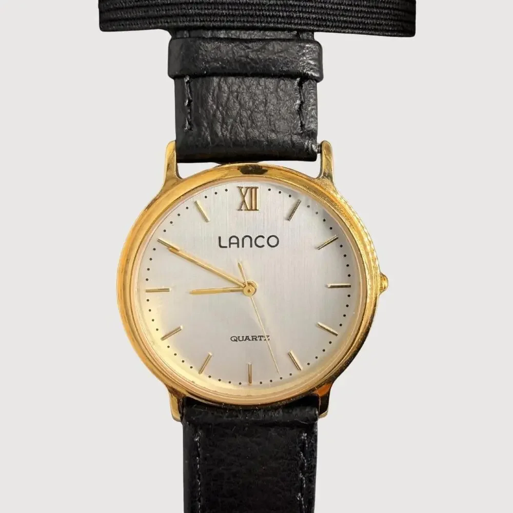 Lanco Swiss Quartz Watch Black Leather Strap Classic Minimalist Timepiece